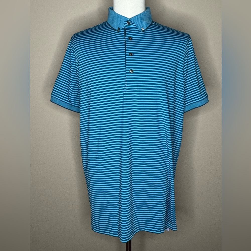Greyson mens short sleeve Appalachian polo shirt blue striped size XL.